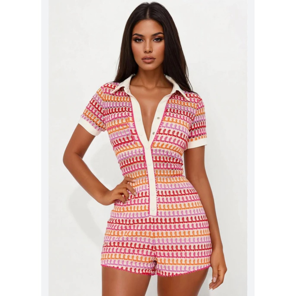Fashion Nova Checked In Crochet‎ Short Sleeve Romper - Fuchsia/combo NWT